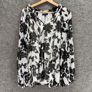 Haver Blouse Women 1X Plus White Black V-Neck Long Sleeve Tasseled Lined Casual